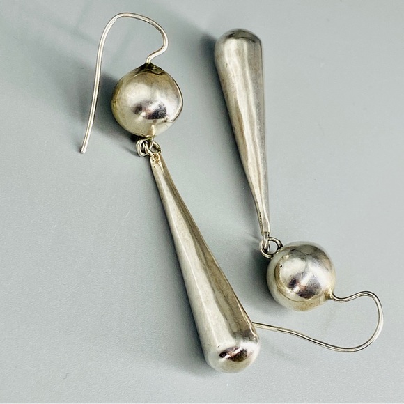 Vintage Sterling Silver Hollow Puff Ball & Teardrop Earrings Handmade - Picture 7 of 15